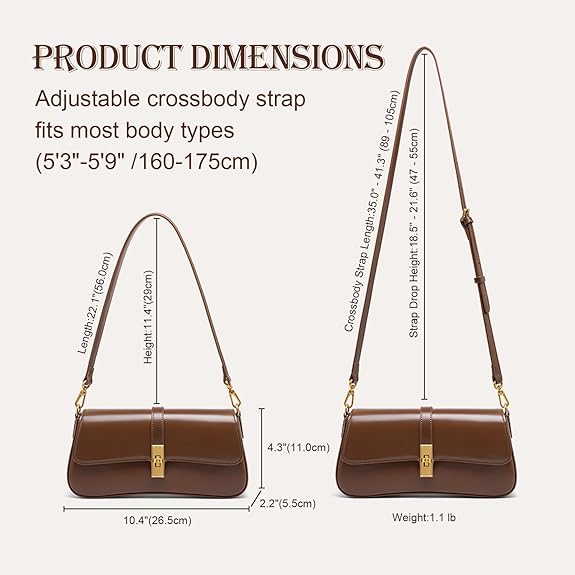 Shoulder Bag for Women, Genuine Leather Crossbody Bag Handbag with Removable Adjustable Straps | Shoulder Purse